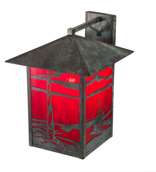 Meyda Lighting Lighthouse & Trawler 17" Verdigris Straight Arm Wall Sconce With Red Art Shade Glass