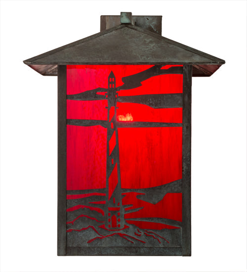 Meyda Lighting Lighthouse & Trawler 17" Verdigris Straight Arm Wall Sconce With Red Art Shade Glass