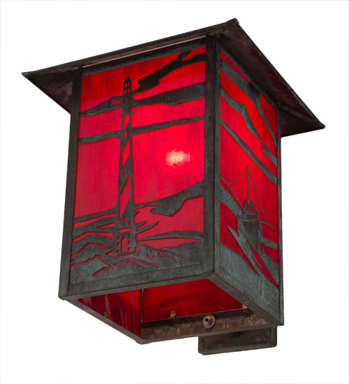 Meyda Lighting Lighthouse & Trawler 17" Verdigris Straight Arm Wall Sconce With Red Art Shade Glass