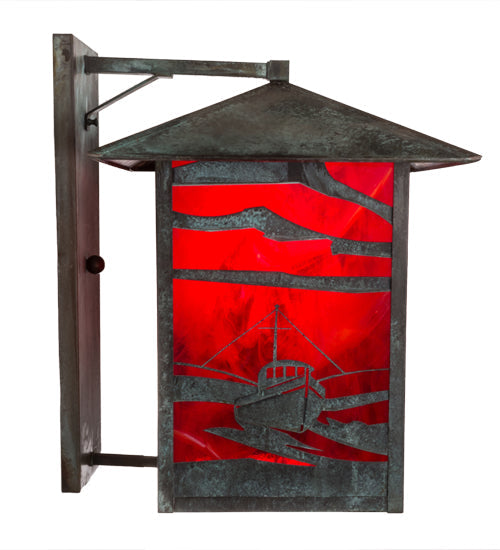 Meyda Lighting Lighthouse & Trawler 17" Verdigris Straight Arm Wall Sconce With Red Art Shade Glass