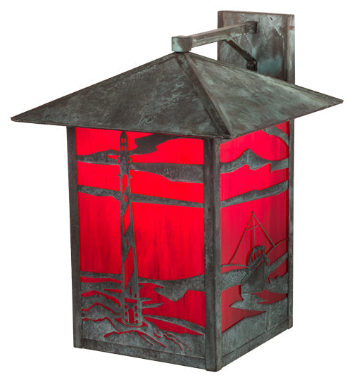 Meyda Lighting Lighthouse & Trawler 17" Verdigris Straight Arm Wall Sconce With Red Art Shade Glass