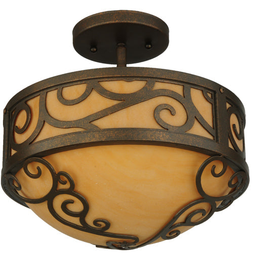 Meyda Lighting Lilliana 12" 3-Light Gilded Tobacco Semi-flush Mount Ceiling Light With Amber Quartz Idalight Shade