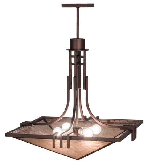 Meyda Lighting Lineage 38" 4-Light Mahogany Bronze Inverted Pendant Light With Silver Mica Shade Glass