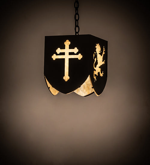 Meyda Lighting Lions and Cross 14" Textured Black Pendant Light With Beige Art Shade Glass