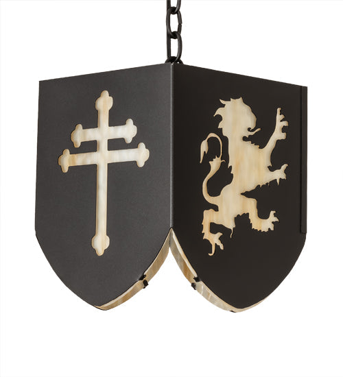 Meyda Lighting Lions and Cross 14" Textured Black Pendant Light With Beige Art Shade Glass