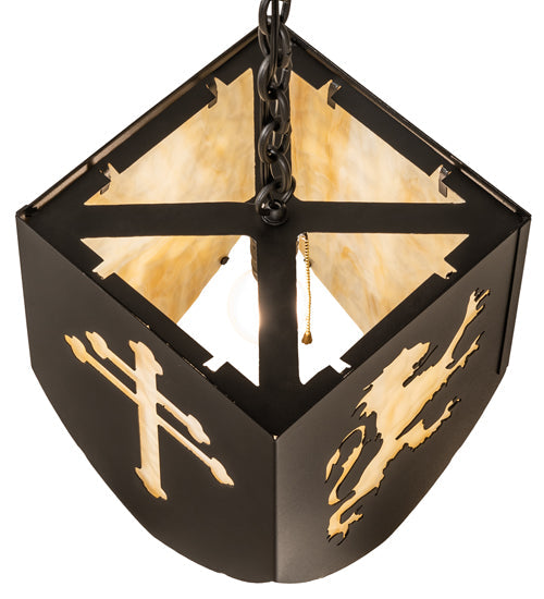 Meyda Lighting Lions and Cross 14" Textured Black Pendant Light With Beige Art Shade Glass