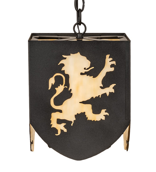 Meyda Lighting Lions and Cross 14" Textured Black Pendant Light With Beige Art Shade Glass