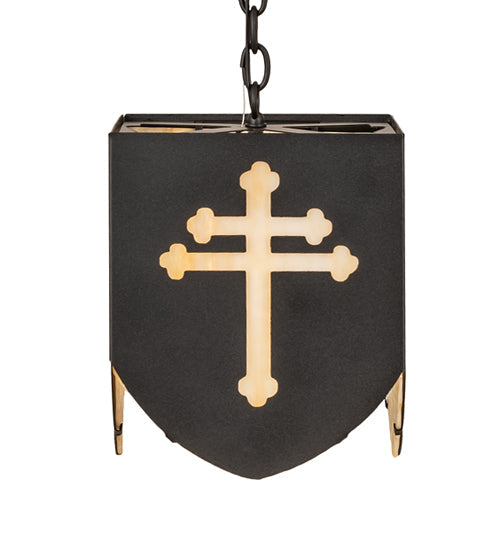 Meyda Lighting Lions and Cross 14" Textured Black Pendant Light With Beige Art Shade Glass