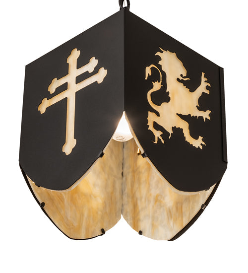 Meyda Lighting Lions and Cross 14" Textured Black Pendant Light With Beige Art Shade Glass