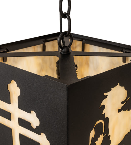 Meyda Lighting Lions and Cross 14" Textured Black Pendant Light With Beige Art Shade Glass
