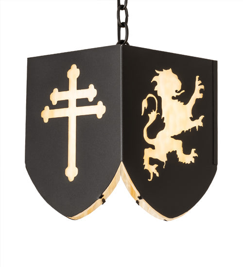 Meyda Lighting Lions and Cross 14" Textured Black Pendant Light With Beige Art Shade Glass