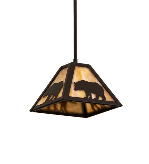 Meyda Lighting Lone Bear 11" Timeless Bronze Mini Pendant Light With Beige Art Shade Glass