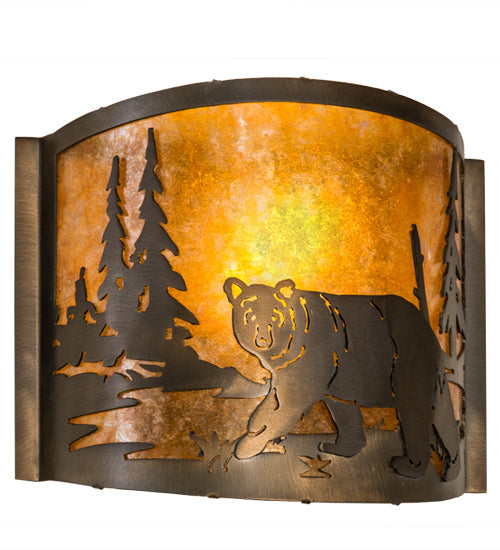 Meyda Lighting Lone Bear 12" Antique Copper Left Wall Sconce With Amber Mica Shade Glass