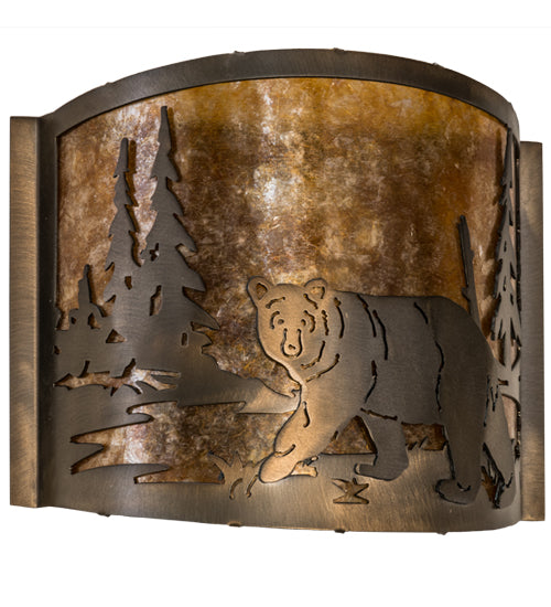 Meyda Lighting Lone Bear 12" Antique Copper Left Wall Sconce With Amber Mica Shade Glass