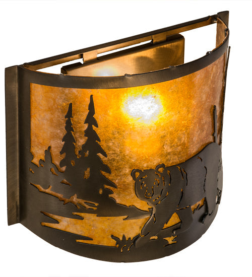 Meyda Lighting Lone Bear 12" Antique Copper Left Wall Sconce With Amber Mica Shade Glass