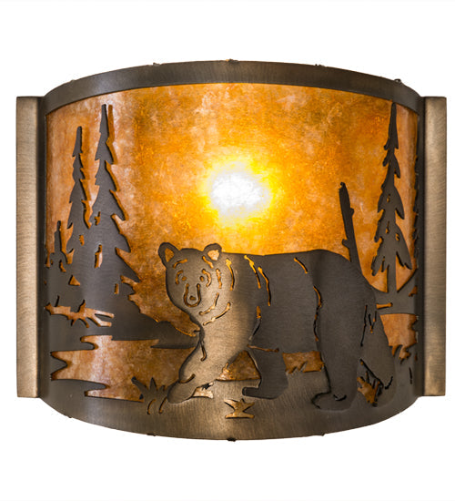 Meyda Lighting Lone Bear 12" Antique Copper Left Wall Sconce With Amber Mica Shade Glass