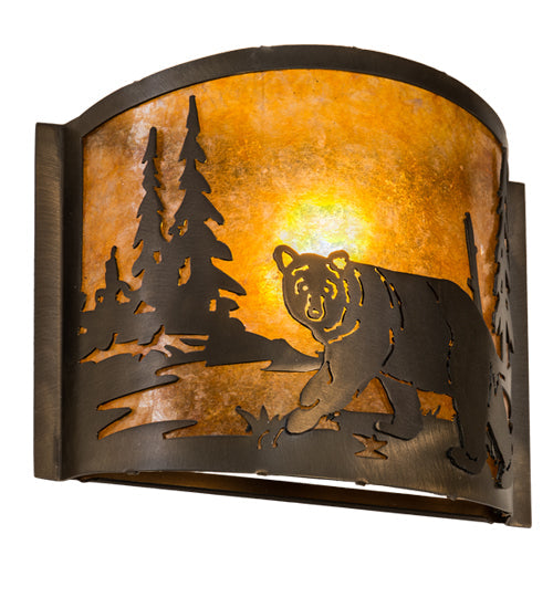 Meyda Lighting Lone Bear 12" Antique Copper Left Wall Sconce With Amber Mica Shade Glass