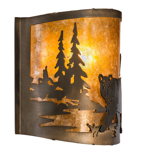 Meyda Lighting Lone Bear 12" Antique Copper Left Wall Sconce With Amber Mica Shade Glass
