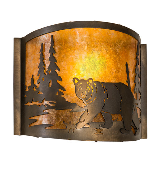 Meyda Lighting Lone Bear 12" Antique Copper Left Wall Sconce With Amber Mica Shade Glass