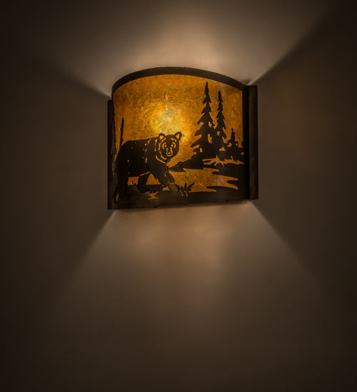 Meyda Lighting Lone Bear 12" Antique Copper Right Wall Sconce With Amber Mica Shade Glass