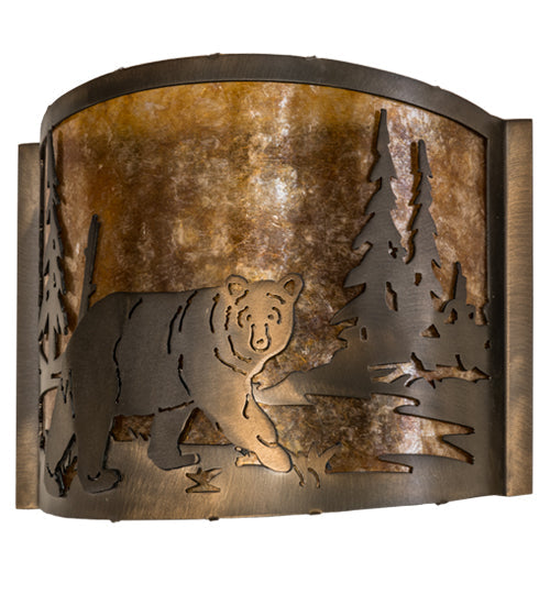Meyda Lighting Lone Bear 12" Antique Copper Right Wall Sconce With Amber Mica Shade Glass