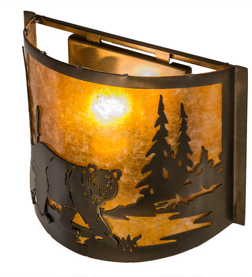 Meyda Lighting Lone Bear 12" Antique Copper Right Wall Sconce With Amber Mica Shade Glass