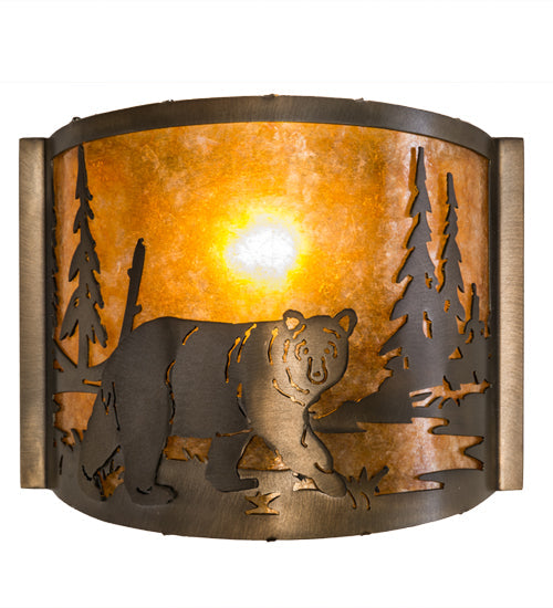 Meyda Lighting Lone Bear 12" Antique Copper Right Wall Sconce With Amber Mica Shade Glass