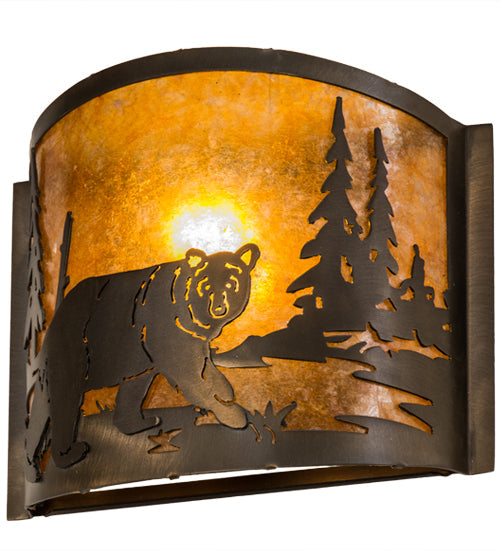 Meyda Lighting Lone Bear 12" Antique Copper Right Wall Sconce With Amber Mica Shade Glass