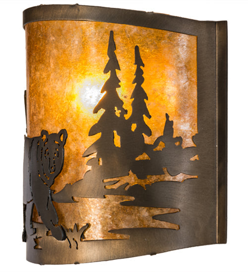 Meyda Lighting Lone Bear 12" Antique Copper Right Wall Sconce With Amber Mica Shade Glass