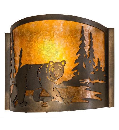Meyda Lighting Lone Bear 12" Antique Copper Right Wall Sconce With Amber Mica Shade Glass