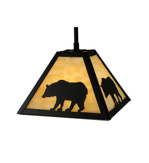Meyda Lighting Lone Bear 12" Textured Black Mini Pendant Light With Beige Art Shade Glass