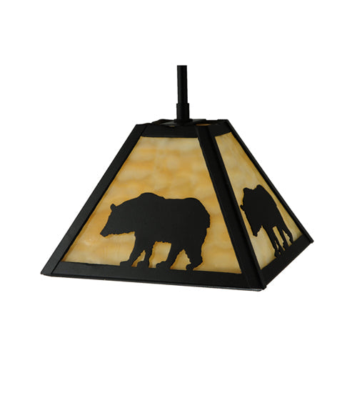 Meyda Lighting Lone Bear 12" Textured Black Mini Pendant Light With Beige Art Shade Glass
