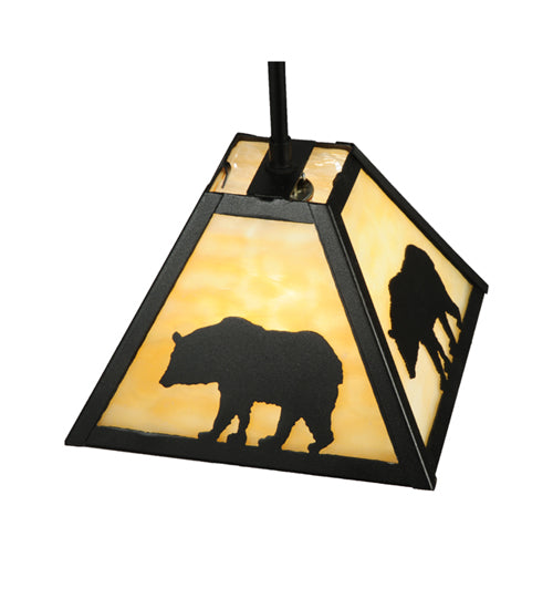 Meyda Lighting Lone Bear 12" Textured Black Mini Pendant Light With Beige Art Shade Glass
