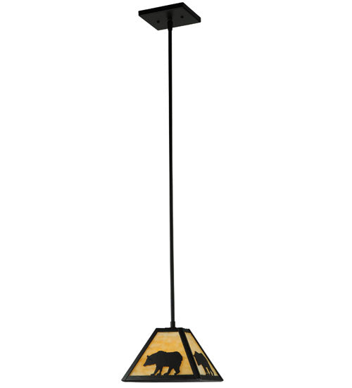 Meyda Lighting Lone Bear 12" Textured Black Mini Pendant Light With Beige Art Shade Glass