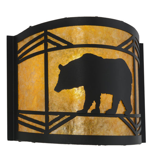 Meyda Lighting Lone Bear 12" Textured Black Wall Sconce With Amber Mica Shade Glass