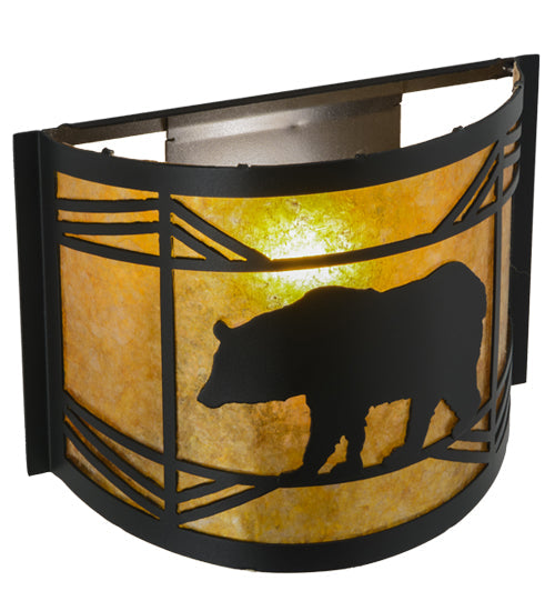 Meyda Lighting Lone Bear 12" Textured Black Wall Sconce With Amber Mica Shade Glass