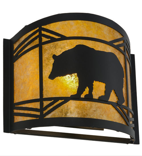 Meyda Lighting Lone Bear 12" Textured Black Wall Sconce With Amber Mica Shade Glass