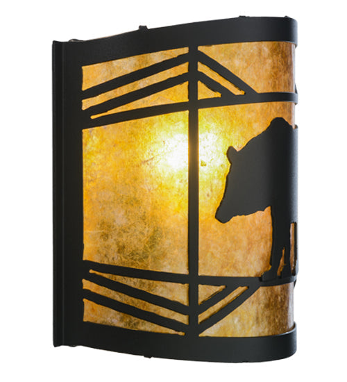 Meyda Lighting Lone Bear 12" Textured Black Wall Sconce With Amber Mica Shade Glass
