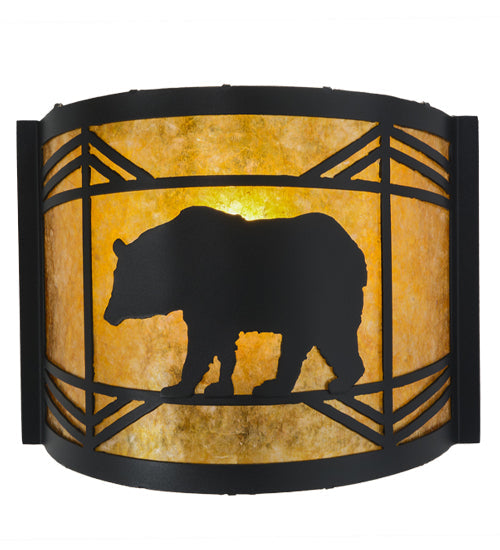 Meyda Lighting Lone Bear 12" Textured Black Wall Sconce With Amber Mica Shade Glass