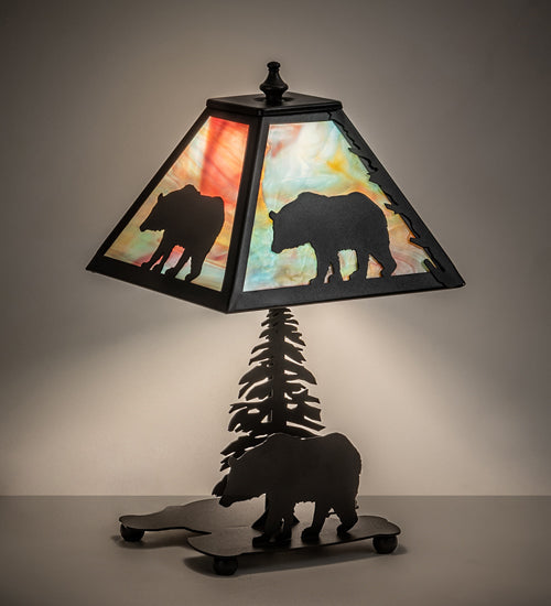 Meyda Lighting Lone Bear 15" Textured Black Accent Table Lamp With Jade Purple Shade Glass