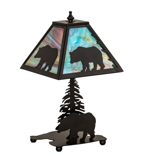 Meyda Lighting Lone Bear 15" Textured Black Accent Table Lamp With Jade Purple Shade Glass