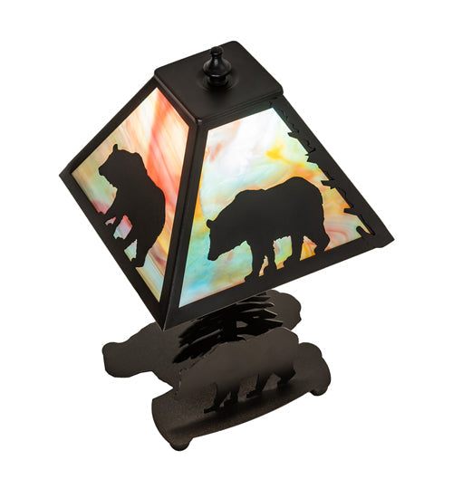 Meyda Lighting Lone Bear 15" Textured Black Accent Table Lamp With Jade Purple Shade Glass