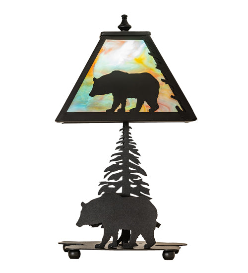 Meyda Lighting Lone Bear 15" Textured Black Accent Table Lamp With Jade Purple Shade Glass