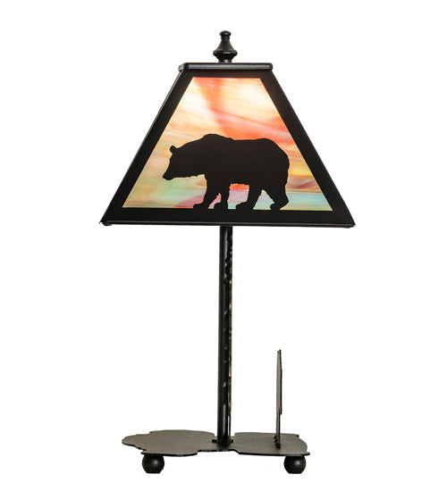 Meyda Lighting Lone Bear 15" Textured Black Accent Table Lamp With Jade Purple Shade Glass