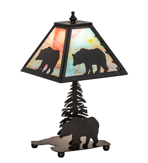 Meyda Lighting Lone Bear 15" Textured Black Accent Table Lamp With Jade Purple Shade Glass