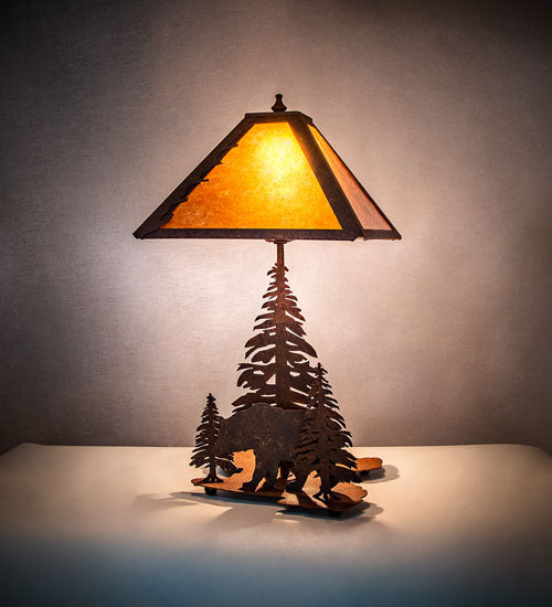 Meyda Lighting Lone Bear 21" 2-Light Rust Table Lamp With Amber Mica Shade Glass
