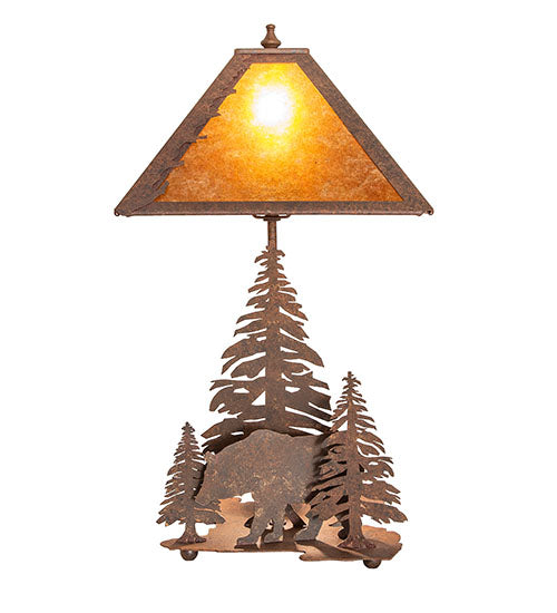 Meyda Lighting Lone Bear 21" 2-Light Rust Table Lamp With Amber Mica Shade Glass