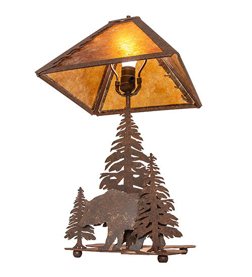 Meyda Lighting Lone Bear 21" 2-Light Rust Table Lamp With Amber Mica Shade Glass