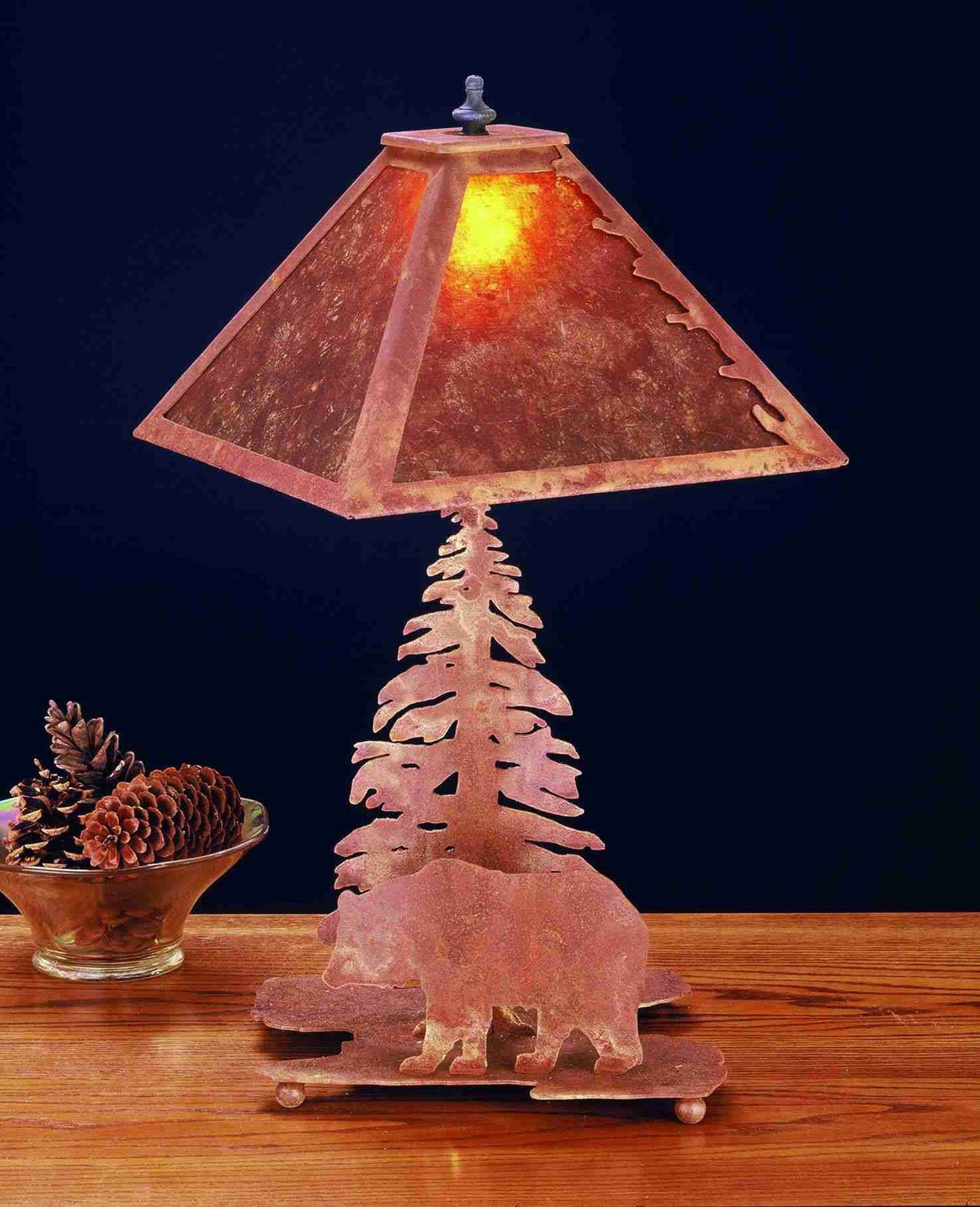 Meyda Lighting Lone Bear 21" 2-Light Rust Table Lamp With Beige Iridescent Shade Glass