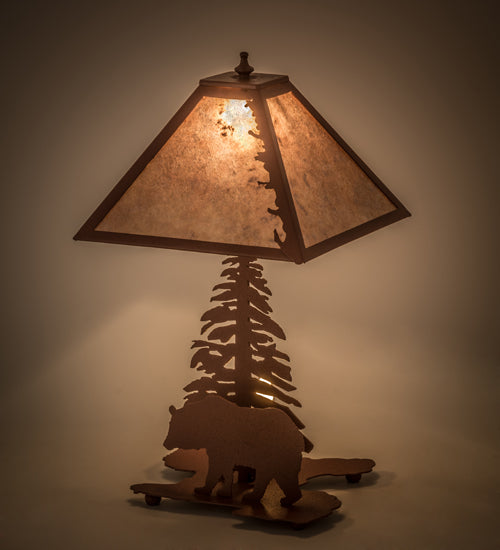 Meyda Lighting Lone Bear 21" 2-Light Rust Table Lamp With Silver Mica Shade Glass and Lighted Base